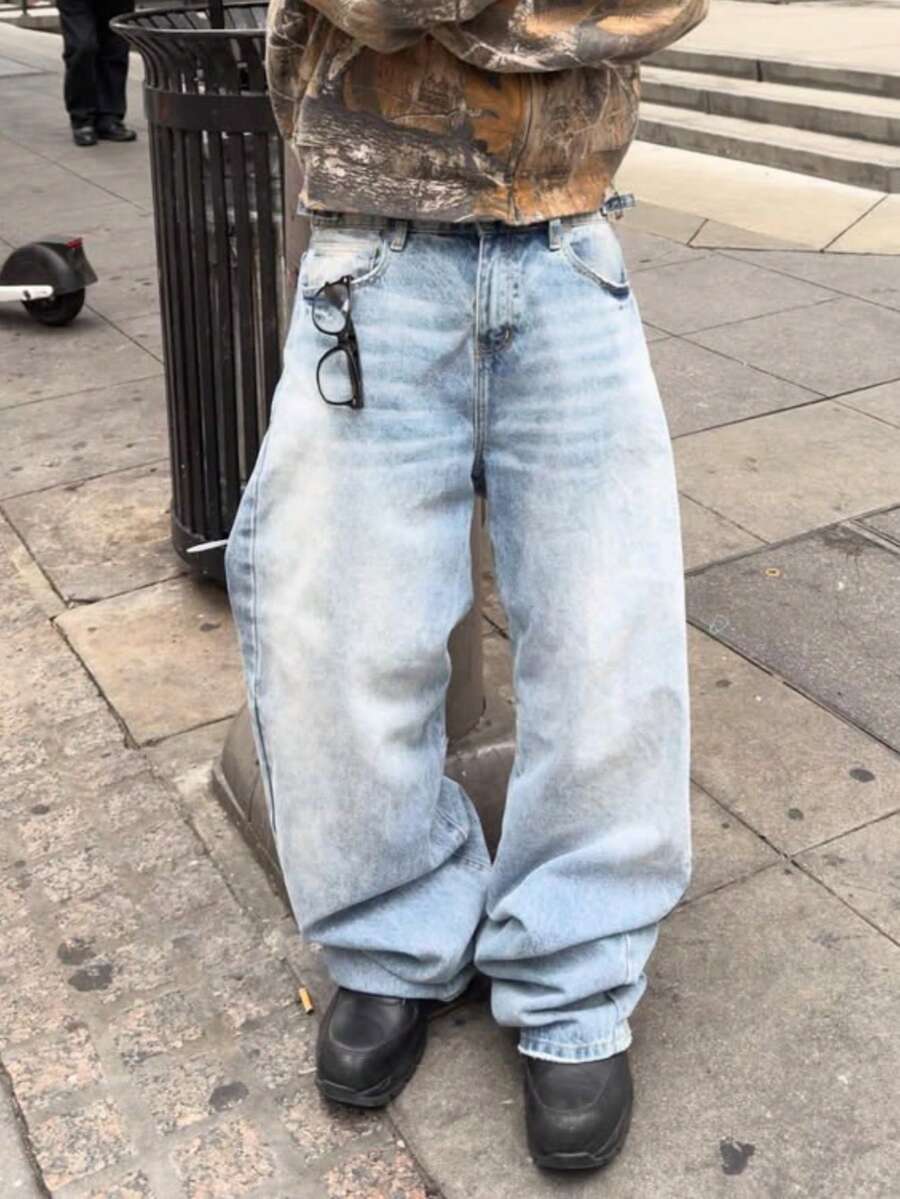 男士浅蓝色水洗牛仔裤，复古街头风宽松直筒裤 - 薄荷藍 - 查看 1