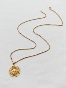 1pc 18K Gold Plated Stainless Steel Viking Compass Pendant Necklace, Metal Coin Badge Stylish Versatile Cross Chain For Men - Yellow Gold - View 2