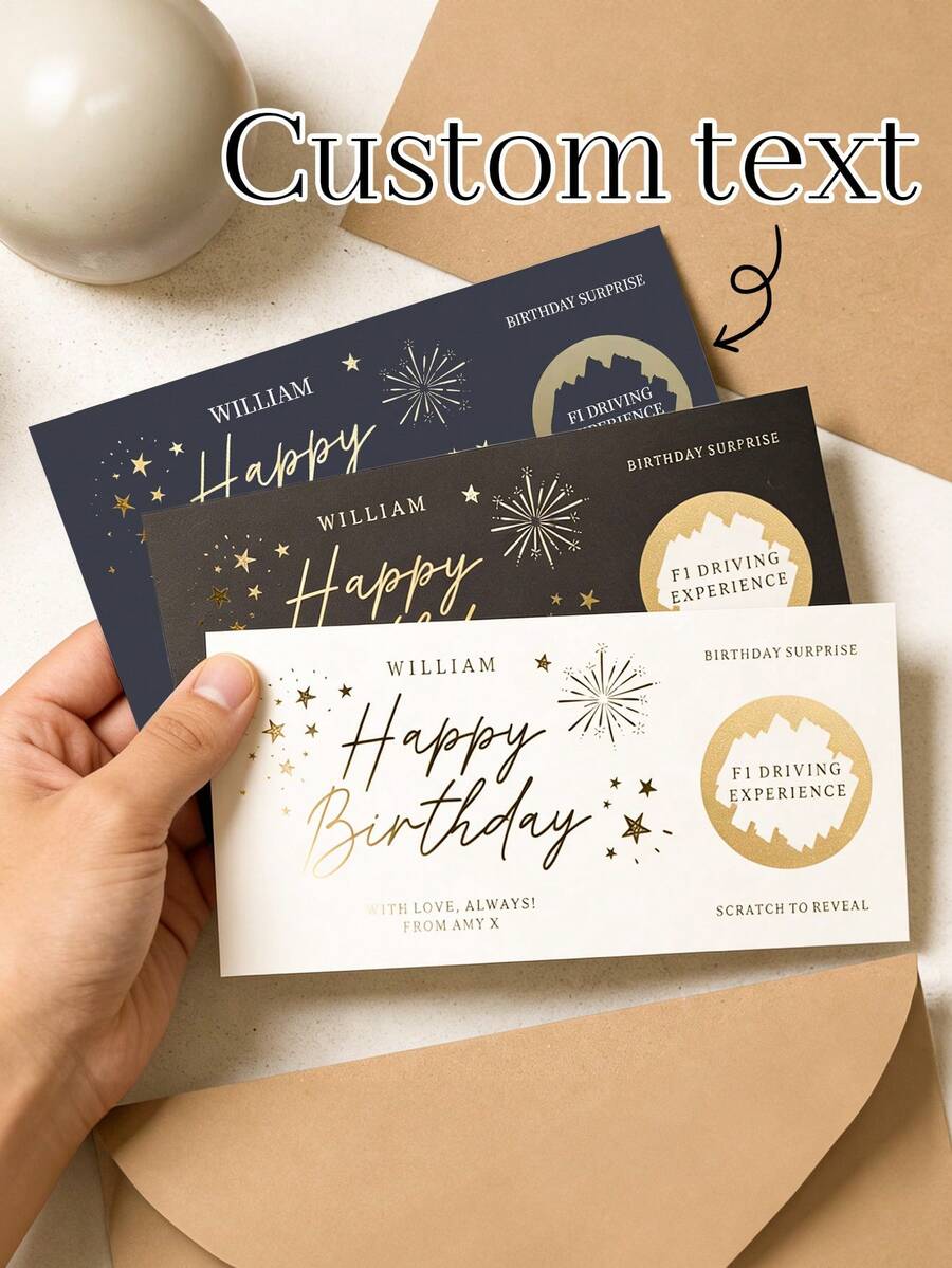 1pc Customizable Gold Foil Scratch Card Birthday Surprise Coupon, Personalized Luxury Gold Star Fireworks Design Birthday Scratch Card, Best Birthday Surprise Scratch Card, Personalized Gift, Party Favor - Multicolor - View 1
