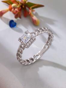 1枚优雅简约链条设计方形合成立方氧化锆女士戒指，适合日常佩戴、派对、宴会、婚礼、送礼——四季皆宜 - 銀色 - 查看 1