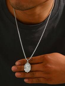 1pc Men's Stainless Steel Sacred Wind Rhinestone Oval Virgin Mary Necklace, Versatile Sparkling Christian Jewelry, Fashionable Hiphop Accessory, Suitable As Valentine's Gift, Everyday Wear - White - View 2