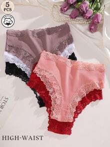 FINETOO 5pcs/Pack High Waist Women's Romantic Floral Lace Trim Ribbed Cotton Briefs - Multicolor - View 7