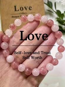 【脉轮平衡手链】天然玫瑰草莓石英波西米亚风爱心手链 - 女士及男女皆宜，平衡冥想节日饰品，全年佩戴 - 粉色 - 查看 6