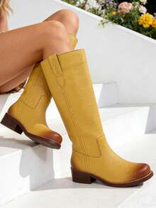 Women's Pull On Vintage Campus-Inspired Cowboy Boots Squared Toe Western Knee High Boots Fashionable Stacked Low Heels Booties - 黃色 - 查看 6