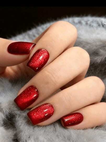 24pcs Cat Eye Reusable Press-On Nails, Medium Square Shape, Red Color, Full Coverage Artificial Nails, Minimalist Style, Smooth Surface, Suitable For Women And Girls Daily Wear