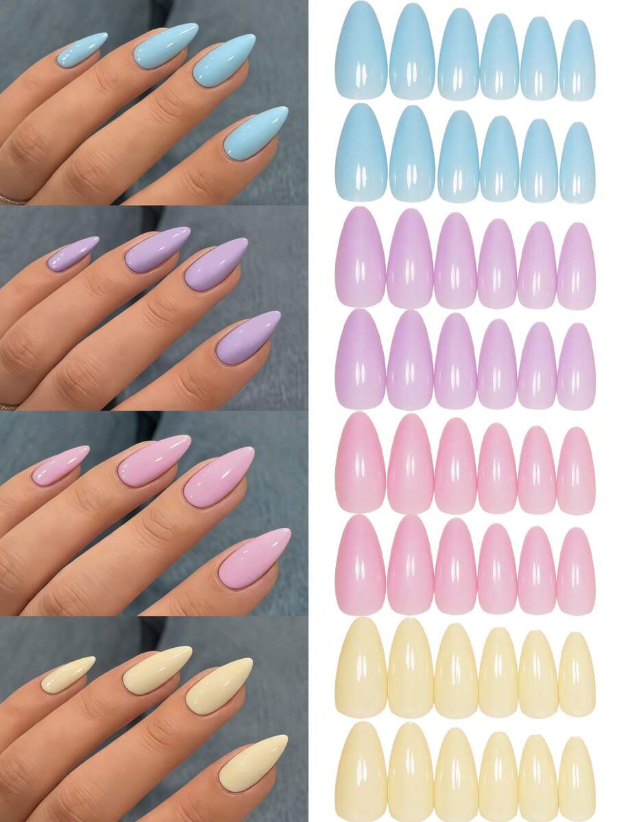 120片中号杏仁形樱花粉紫色纯色假指甲套装，适合春夏时尚，包含4片果冻凝胶贴纸和4个指甲锉，适合女士派对、舞会和日常佩戴，可重复使用的粘性指甲贴纸 - 彩色 - 查看 1