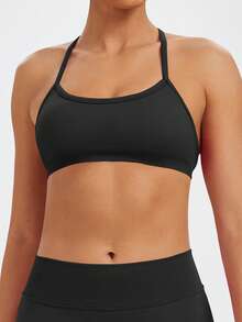 ATTRACO Sutien sport fără cusături, solid, sexy, pentru yoga, cu căptușeală și bretele detașabile, bluze sport pentru alergare pentru femei - Negru - Vizualizare 6