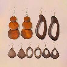 5pairs/Set Vintage Brown Solid Wood Pendant Earrings - 棕色 - 查看 8