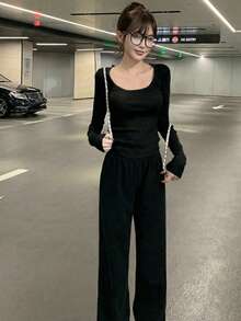 Korean Style Sexy Slim Fit Square Neck Long Sleeve Knit Sweater Top, Autumn/Winter - Black - View 6