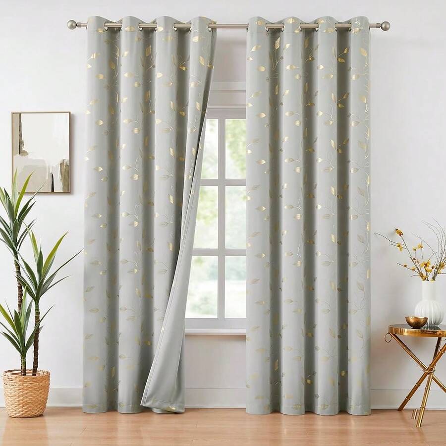 Gold Gray Blackout Curtains Print Golden Leaf Patterned Room Darkening Drapes 90 Inch For Living Room Bedroom Thermal Insulated Metallic Window Treatment Grommet Top W52 XL90 2 Panels - 葉灰 - 查看 1