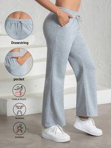 Women's Solid Color Belted Pocket Sweatpants, Suitable For All Seasons, Soft And Comfortable Fabric, Ideal For Running, Fitness And Daily Wear Sports - Light Grey - View 2