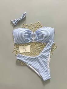 European And American Sexy Blue And White Striped Vacation Style High-End Bandeau Bikini 2 Pieces Set Beach Summer - Blue and White - View 1