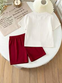 2pcs/Set Young Girl' Sweet Vibe Burgundy Bow Print Top, Fashionable Outfit - White - View 2