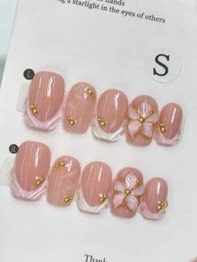 10片粉色镶边3D雕刻短方甲片，Y2K法式美甲裸粉色百搭手工美甲配件，配金色珠子，适合日常佩戴，按压式美甲贴片，手工按压式美甲 - 粉色 - 查看 3