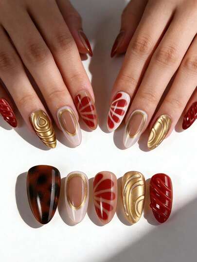 10pcs French Tip Acrylic Press On Nails Medium Almond Press On Nails 3D Golden Chrome Gilding Line Decoration Leopard Pattern Design Fashion Y2K Minimalist Style Surface Glossy Full Cover Fake Nails For Women And Girls Daily Wear