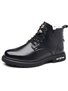 Un par de Liso Vintage y Moderno Cuero PU de Alta Calidad Detalle de Cordones Resistentes y Suela Gruesa Antideslizante Botas de Hombre de Tobillo Alto Para Escalada, Trabajo, Reuniones y Ocio Todo el Año Resistentes, Cómodas y de Moda con Estilo Industrial - Negro - Ver 2