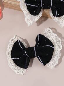 2pcs Black Hair Clips For Women, Solid Corduroy Lace Bow Rhinestone Decorated Elegant Hair Accessories, Suitable For Autumn/Winter, Suitable For Teenagers - Black - View 5