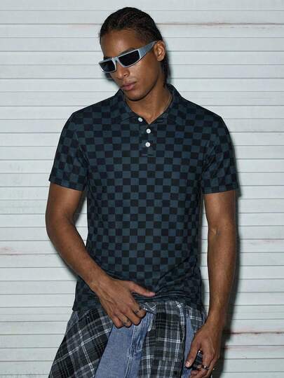 Modcrash Men's Business Casual Plaid Print Short Sleeve Polo Shirt Spring To Summer