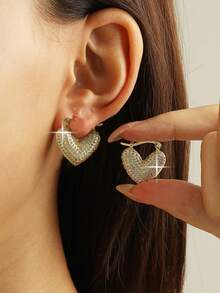 1pair Elegant Heart Cubic Zirconia Hoop Earrings, Multi-Element Shiny Earrings, Suitable For Festivals And Daily Wear, Fashion Jewelry Gift Birthday Anniversary Wedding Earrings - Yellow Gold - View 2