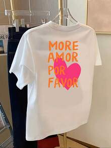T-shirt casual branca para mulher com gráfico de coração "More Amor Por Favor", manga curta, gola redonda, tecido de malha com elasticidade média, moda Y2K para o dia a dia - Branco - Ver 3