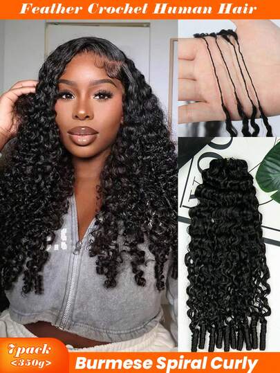 7Packs/350g 3rd-Generation Burmese Curly With Coily End Feather Crochet Human Hair Extension Pre-Separated KnotlessBurmese Spiral Curly Crochet Hair For Braiding Pre Looped Crochet Human Hair Extensions 100% Remy Hair Boho Braids Hair Extension For Women