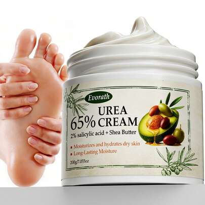 200克尿素霜，含65%尿素和2%水杨酸，以乳木果油为核心成分，去除死皮细胞，软化老茧，深层补水保湿，适用于干燥皲裂的手脚，保持肌肤柔软，多用途。