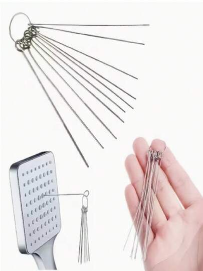 10pcs Stainless Steel Shower Head Cleaning Brush Set, With Various Size Brush Heads - Reusable, No Power Needed, Ideal For Cleaning Shower Heads, Small Holes And Bathroom Accessories, Great For Home, Kitchen And Bathroom, Bathroom Cleaning Tool | Stainless Steel