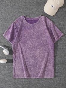 Women's Vintage Washed T-Shirt - Dark Gray/Black Casual And Formal Top - Soft Comfortable Round Neck Short Sleeve Shirt - Purple - View 2