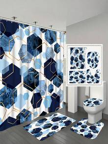 4pcs Blue Bathroom Set, Geometric Pattern Shower Curtain Set, Modern Art Style Shower Curtain With 12 Hooks, Bathroom Rug, Bathroom Non-Slip Mat And Toilet Mat - A - View 14
