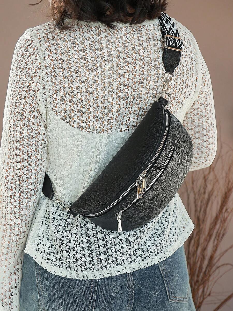 时尚简约软皮斜挎包 - 黑色 - 查看 1