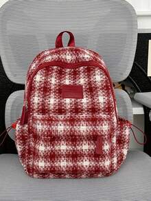 1pc Red & White Plaid Canvas Multi-Compartment Backpack, Zipper Closure, Suitable For Students And Commuting, All Season - Multicolor - View 2