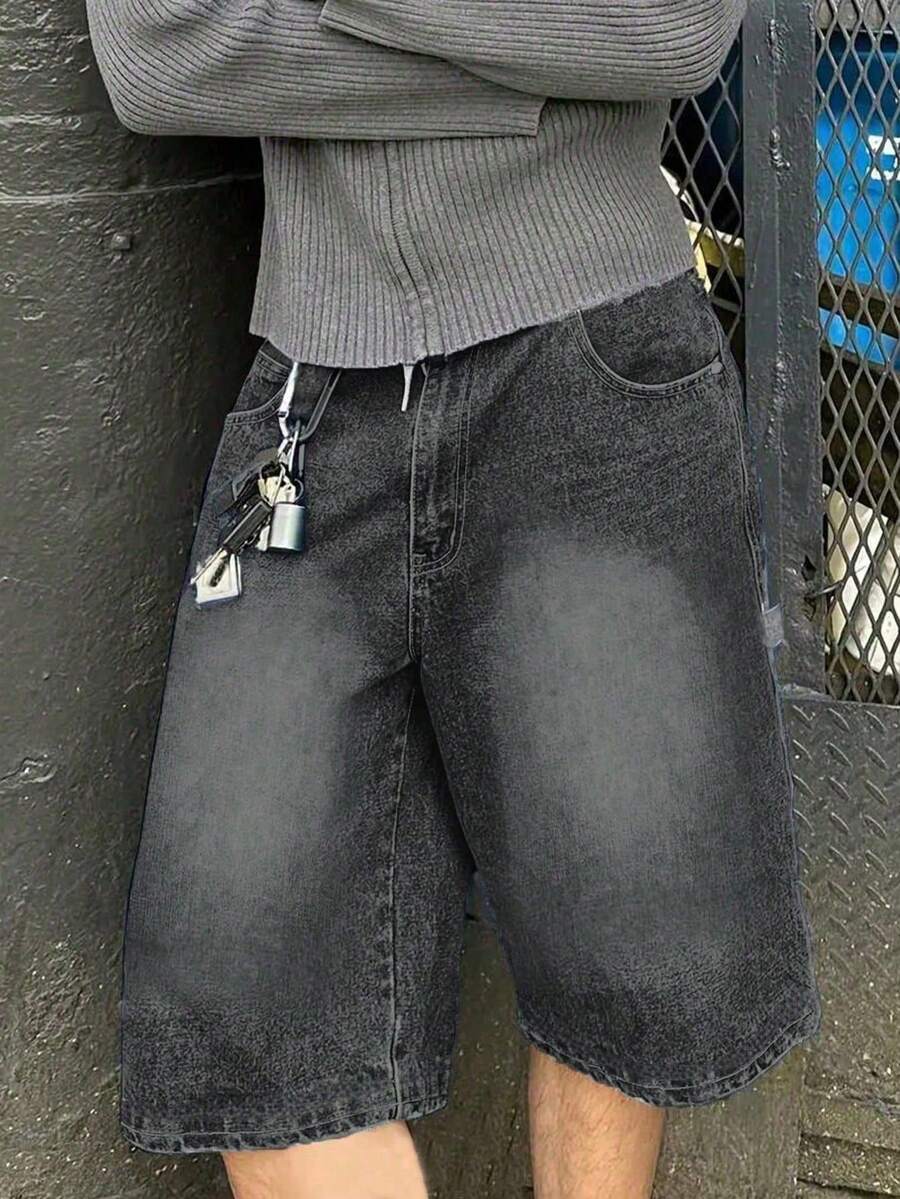 Men's Denim Shorts With A Relaxed Fit, Y2K Streetwear Style, With Pockets. An Essential Summer Wardrobe Item And The Perfect Gift For Family And Friends. - Grey - View 1