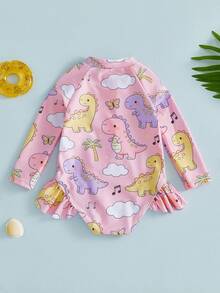 Toddler Girls Rash Guard Swimsuit Rompers Dinosaur Print Ruffles Hem Long Sleeve Crew Neck Kids Bathing Suit - Pink - View 6