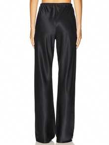 Women Satin Wide Leg Pants Silk Casual Elastic High Waist Solid Color Long Pants Y2k Loose Fit Beach Vacation Lounge Pants Ladies Office Work Trousers - 黑色 - 查看 6