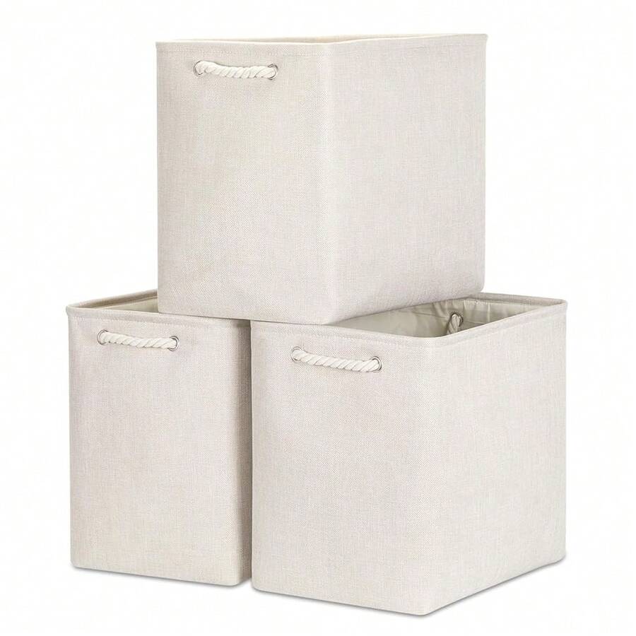 Extra Large Storage Baskets For Organizing Clothes Storage Bins 3 Pack Fabric Storage Bins For Shelves Linen Collapsible Organizer For Closet-Light Biege - 淺米色 - 查看 1