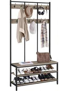 Porte-vêtements avec éère à chaussures, support en bois etétal pour couloir d'entrée, porte-vêtements autoportant, support de couloir sur pied avec éères et 12 crochets, marron rustique GE8I - Gris - Voir 1