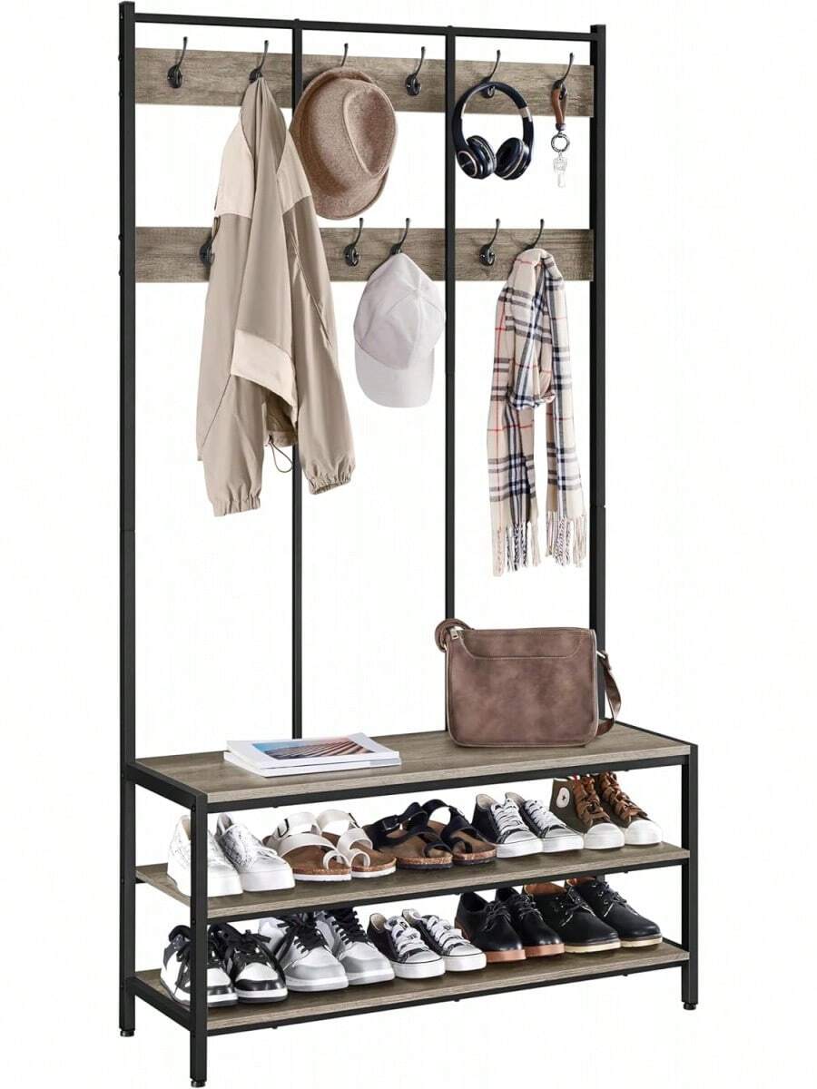 Porte-vêtements avec éère à chaussures, support en bois etétal pour couloir d'entrée, porte-vêtements autoportant, support de couloir sur pied avec éères et 12 crochets, marron rustique GE8I - Gris - Voir 1