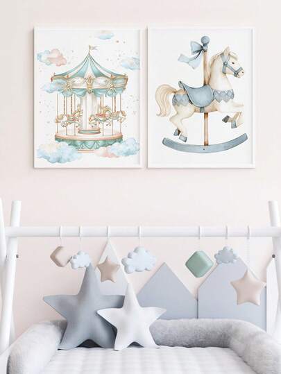 1pc Canvas Wall Art - Baby Goods, Blue Rocking Horse Watercolor Painting, Nordic Style Children's Room Decor Framed Nursery Wall Art Perfectly Suited For Playroom Decor Nursery Decor, Parenting Room Decor, Kindergarten Decor Boy's Room Decor Girl's Bedroom Decor Children's Room Decor