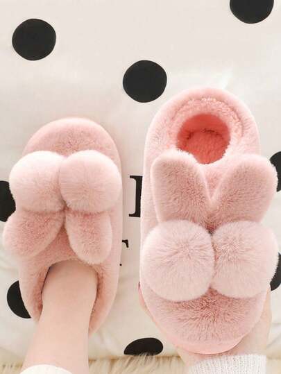 Fashionable Rabbit Ear Decor Anti-Slip Warm Fluffy Student Slippers, Kids/Teens Slippers