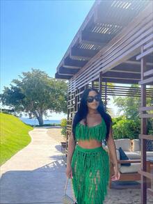 Dopamine Stunning Fashion Slimming Street Party Daily Commuting Sexy Perspective Knitted Hand Hook Fringe Beach Set - Green - View 6