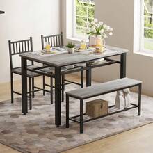 Farmhouse Dining Table Set for 4 with Storage Shelf, 47 inch Kitchen Table with Bench and 2 Chairs for Small Space, Apartment, Dining Room - gris - Ver 1