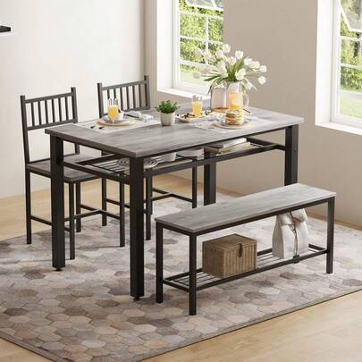 Farmhouse Dining Table Set for 4 with Storage Shelf, 47 inch Kitchen Table with Bench and 2 Chairs for Small Space, Apartment, Dining Room