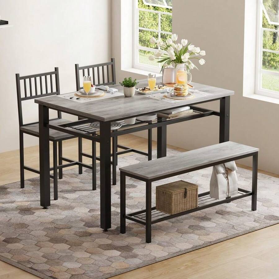 Farmhouse Dining Table Set for 4 with Storage Shelf, 47 inch Kitchen Table with Bench and 2 Chairs for Small Space, Apartment, Dining Room - gris - Ver 1