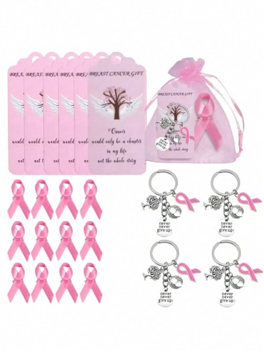 40 Pcs Inspirational Alloy Keychain Set Tree Of Life Heart Pendant Never Give Up Engraved Pink Ribbon Brooch Valentines Gift - Multicolor - View 1