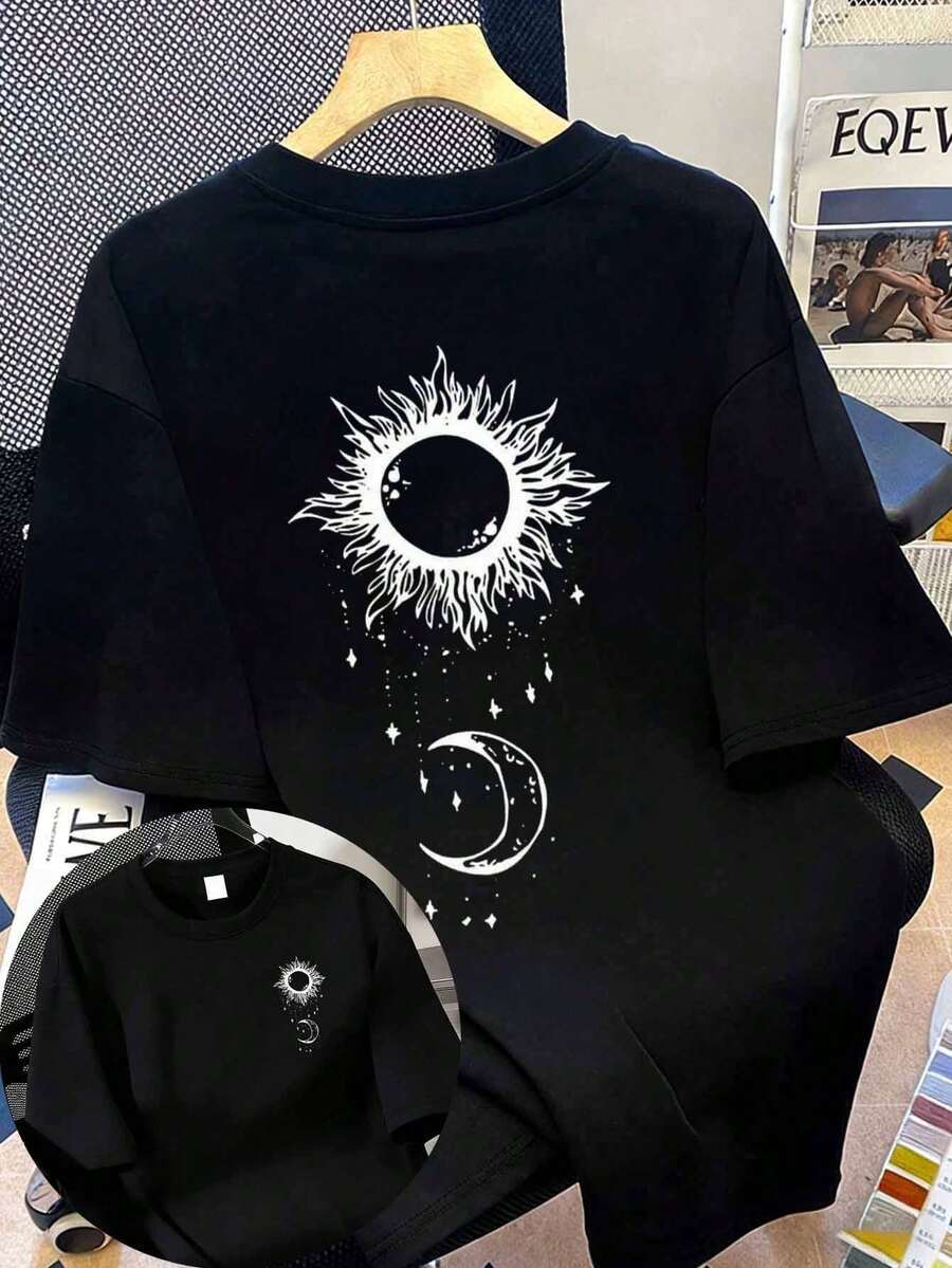 夏日月亮印花落肩T恤，女式上衣，适合日常穿着、外出、聚会、上学、参加音乐节、度假、通勤。可作为礼物送给家人、男朋友、女朋友、朋友，是女孩夏季服装的理想之选。 - 黑色 - 查看 1