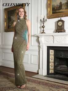 Elegante vestido de noche de sirena con lentejuelas y espalda descubierta, color negro, vestido formal para invitados de boda, adecuado para cena de gala, primavera - Verde Oliva - Ver 2