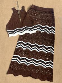 女士优雅休闲度假套装，棕色撞色条纹镂空短款针织上衣搭配长裙，两件套包括露背无袖修身短款上衣和修身长裙。适合度假、海滩、郊游和约会。 - 棕色 - 查看 4