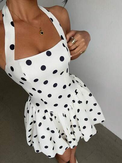 Elegant Black & White Polka Dot Sleeveless Dress, Tie-Back Neck Design, Fitted Waist, Puff Skirt, Retro Sweet Style, Suitable For Dates, Brunch, Casual Gatherings, Shopping, City Walks, Vacations, Graduations, Spring/Summer Everyday Wear
