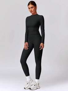 NcmRyu 一套女士时尚圆领紧身长袖上衣和长裤运动服套装 - 黑色 - 查看 8
