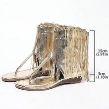 Gold Tassel Women's Bohemian Style Chunky Heel Round Toe Sandals, Versatile Comfortable Casual/Work Wear Shoes For Spring & Summer,Flip Flops - Gold - View 8